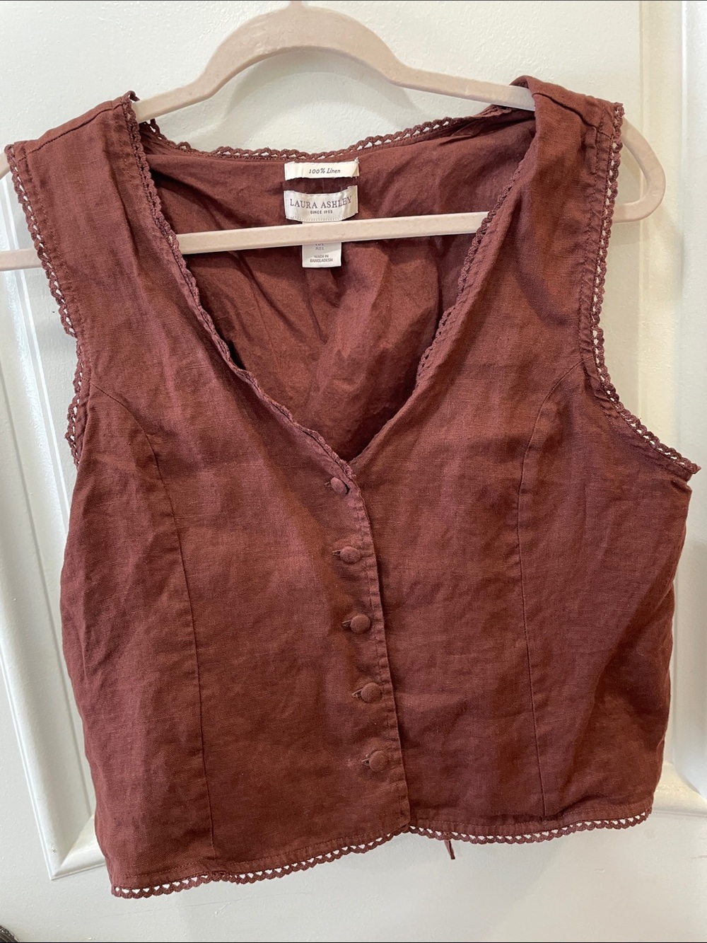 Laura Ashley Rust Brown Linen Button-Front Sleeveless Top